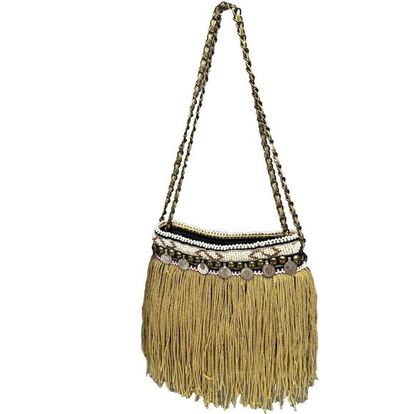 Elliot Mann NY Handbags - Elliot Mann NY Firefly Handbag Crossbody Beaded Gold Fringe Coins Studs Boho